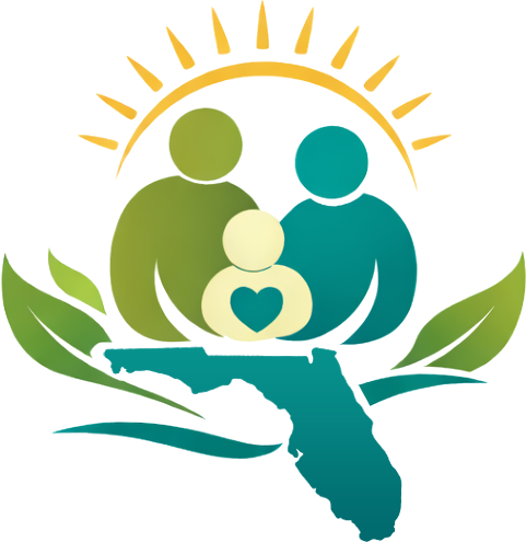 Logo of Florida Family Building Advocates. It features two adults on either side of a child, with a heart in the center of the child's chest. They are framed above by the outline of a sun with rays, and below them is a map of the State of Florida flanked by leaves.